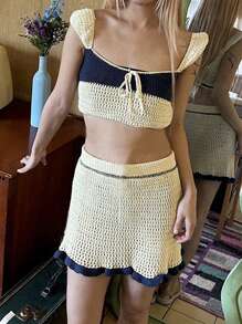 INAWLY 2pcs Women Set: Contrast Color Front Tie Cropped Knit Top & Knitted Blend Midi Skirt - Multicolor - View 1