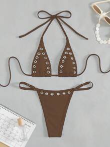 SHEIN Swim Springbreak 女士夏季铆钉性感派对音乐节休闲简约度假沙滩镂空系带吊带比基尼两件套泳衣，适合度假和海滩 - 咖啡棕 - 查看 3