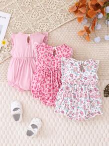 SHEIN 3pcs/Set Baby Girl Cute Floral & Leopard Print Ruffle Hem Casual Outfit - Baby Pink - View 2