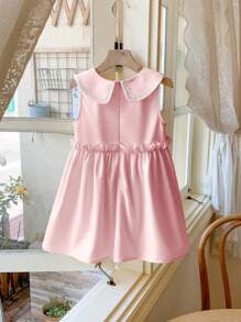 Blossori Young Girls French Elegant Light Yellow Woven Collar Dress, Spring/Summer - Pink - View 2