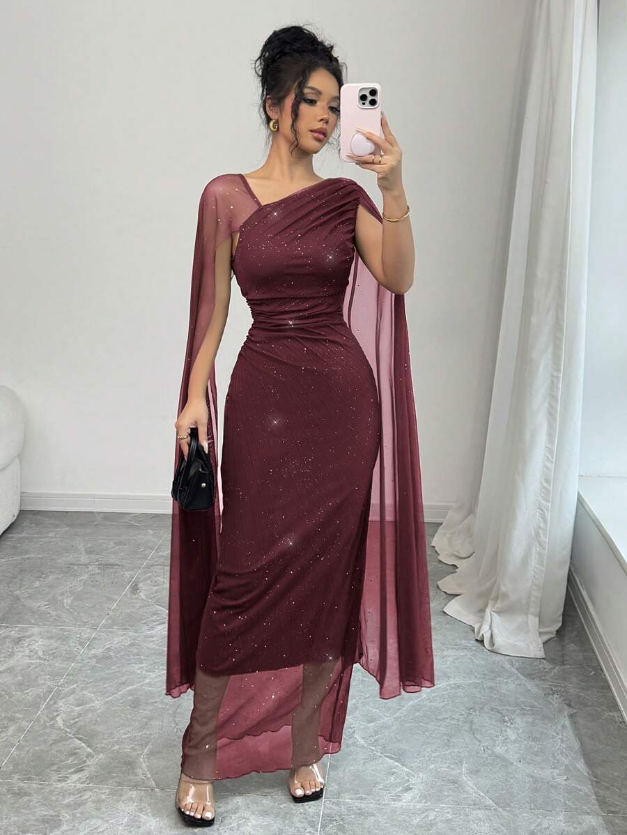 Elenzga Luxury Women's Solid Knitted Mesh Pleated Cape Sleeve Fitted Bodycon Evening Dress