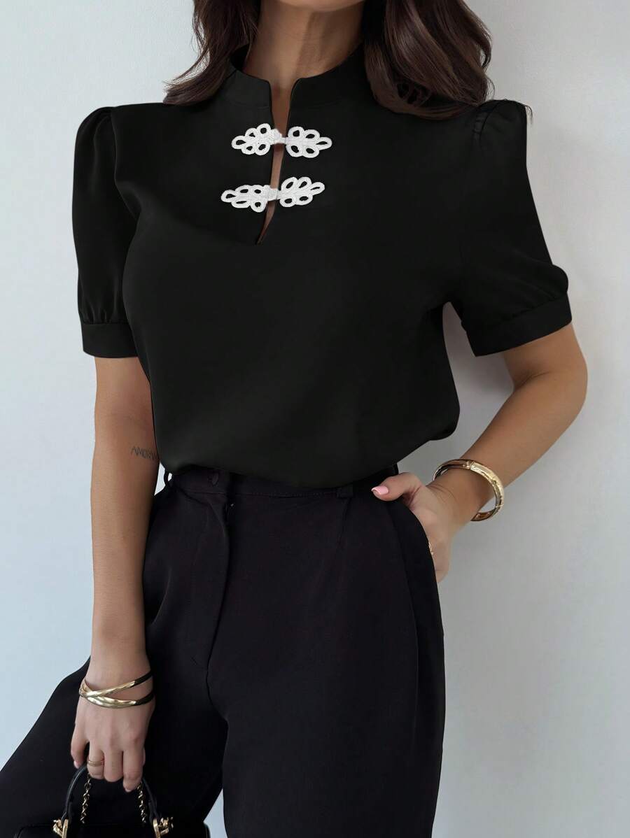 Firerie New Romantic Puff Sleeve Color Blocking Button Front Blouse, Elegant For Ladies On Valentine's Day, Spring/Summer