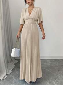 Rafferiza Elegant V-Neck Pleated Front Short Sleeve Long Dress, Spring/Summer - Apricot - View 5