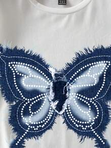 Attitoon 休閒寬鬆蝴蝶圖案圓領女短袖T恤，夏季完美穿搭