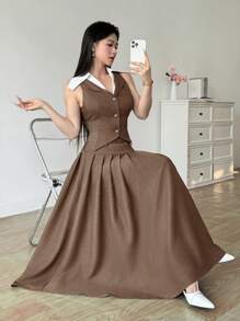 Modelyn 2 件女士优雅通勤拼色领背心和百褶裙套装