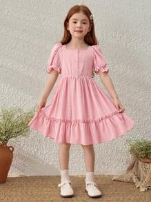 Blossori Young Girls' Elegant Pink Puff Sleeve Ruffle Hem Dress, Spring/Summer French Style - Pink - View 6