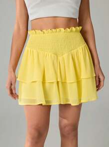 SHEIN Tall Gonna mini con vita arricciata, plissettata a più strati, orlo asimmetrico e rouches, adatta per vacanze al mare in estate
