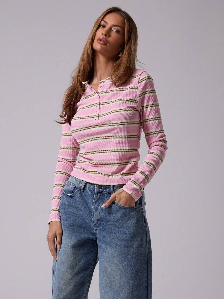 MUSERA Longline Crew Neck Popper Striped Long Sleeve T-Shirt Top Cute Airport Graphic Tees Holiday  Back To School    Winter Spring - Pink - View 1