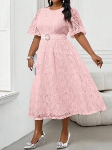 Fleurora 春夏休闲优雅工作白色撞色蕾丝衬衫裙 TU Nic 连衣裙中长款女士连衣裙加大码女装，女士正式连衣裙 - 粉色 - 查看 6