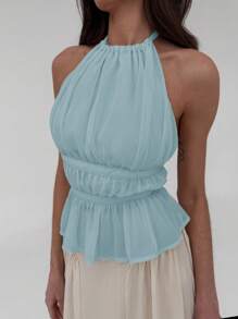 Aloruh 优雅挂脖性感露背甜美纯色褶饰系带吊带背心