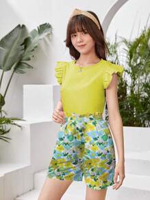 2Pcs/Set Teen Girl Cap Sleeve T-Shirt + Floral Printed Shorts