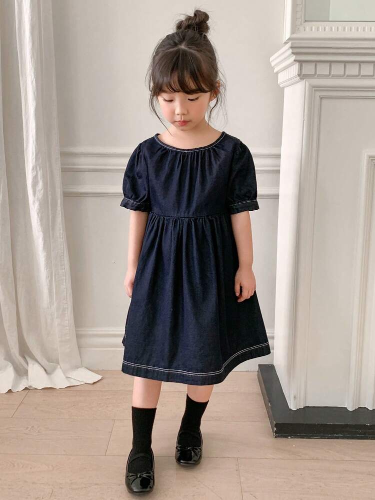 Girls (Petite) Denim Short Sleeve Dress, Summer