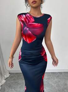 Elenzga Đầm in hoa đơn giản thanh lịch không tay cổ tròn dành cho nữ, thích hợp cho kỳ nghỉ - Đỏ - Xem 7