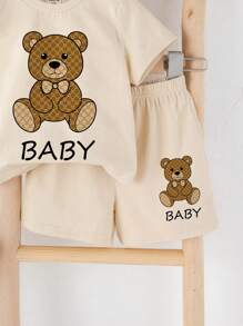 SHEIN Leap Crew 2 pièces Ensemble T-shirt à manches courtes col rond et short en coton motif ours de dessin animé pour bébé garçon, adapté pour l'été - Multicolore - Voir 5