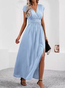 SHEIN Clasi Women's V-Neck Ruched Waist Split Elegant Fashion Dress Maxi Women Outfit - Baby Blue - View 5