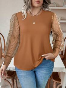 Celure Plus Size Women Polka Dot Mesh Patchwork Long Sleeve Stylish Blouse - Brown - View 1