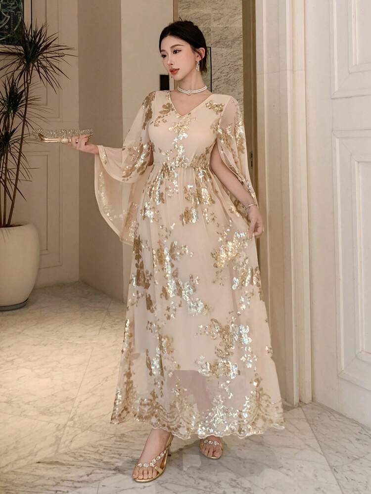 Women's Elegant Sequin Embroidered Cape Sleeve Long Dress Wedding Women Dresses Prom Dress New Year Eve Dress Floral Dresses For Women