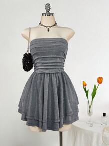 SHEIN ICON 大码银色金属质感双层露肩蛋糕连衣裙