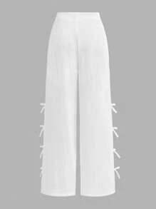 Tween Girls' Casual Woven Textured Double-Sided Ruched Waist Wide Leg Pants, Spring/Summer - White - View 3