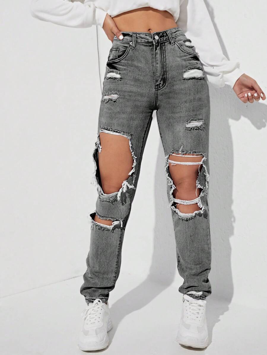SHEIN EZwear Women's Light Grey Ripped Jeans: Casual Long Denim Pants With Zipper Detail And Distressed Design - Light Grey - View 1
