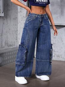 SHEIN ICON 女式宽松阔腿休闲百搭牛仔裤，带口袋 - 藍色 - 查看 6