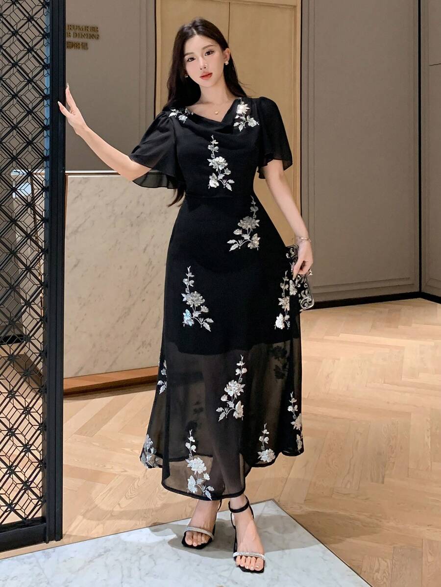 DAZY 女士中长款休闲连衣裙，适合夏季舞会穿着，优雅女士连衣裙，碎花连衣裙 - 黑色 - 查看 1