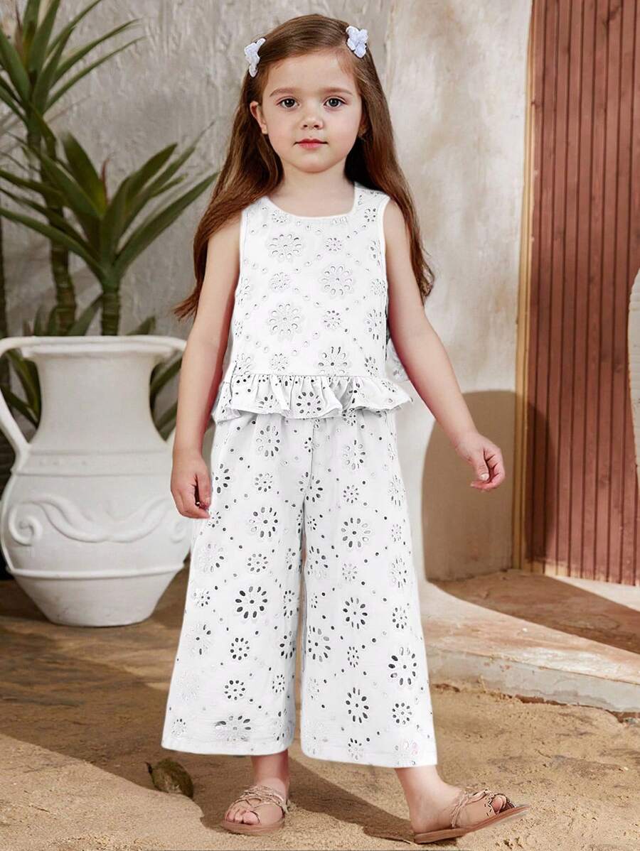 SHEIN 2 Pieces Set Young Girl Woven Solid Color Crew Neck Fitted Camisole & Loose Fit Wide Leg Pants - White - View 1