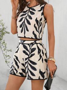 SHEIN Clasi Summer Elegant Women's Leaf Print Sleeveless Contrasting Edge Shirt And Elastic Waistband Leaf Print Shorts Two Pieces Set, Suitable For Various Occasions Such As Beach Vacations, Daily Commuting, Home, Etc - Multicolor - View 1
