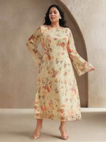 Anewsta Vestido estampado floral de manga larga con estilo de campo francés para mujer, elegante vestido fluido de talle alto y de talla grande en color amarillo suave, nueva llegada 2025