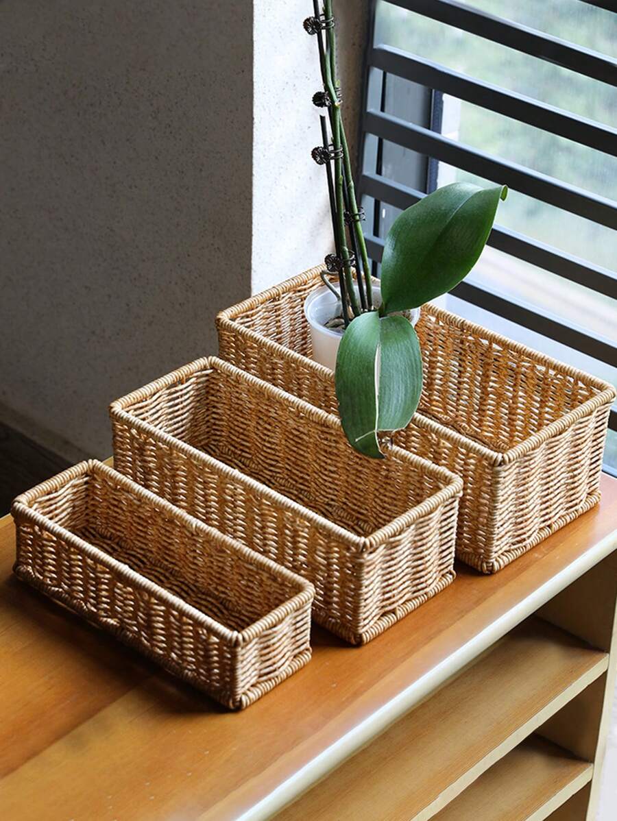 SHEIN Cesta de almacenamiento de ratán de imitación, caja de almacenamiento para mesa de té y control remoto, canasta para tentempiés, cesta de bambú estilo japonés, cesta de almacenamiento para el baño, portalápices - Multicolor - Ver 1