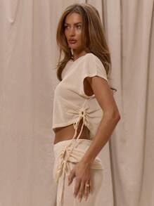 MUSERA 不对称领口，优雅侧边褶皱，波西米亚浪漫风上衣，仅适用于春夏度假海滩装、秋冬日常工作办公装、秋冬优雅晚宴派对装、新娘单身派对装、婚礼装。 - 杏色 - 查看 2