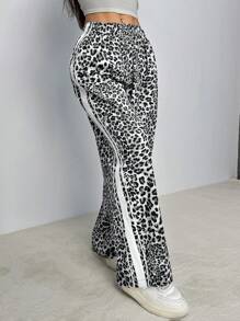 SHEIN PETITE 女士春夏休闲运动嘻哈条纹纹理装饰豹纹运动裤返校制服 - 黑色 - 查看 4