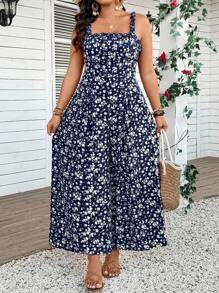 SHEIN VCAY Tuta con bretelle sottili e stampa floreale, casual, adatta alle taglie forti - Blu Navy - Visualizzare 4