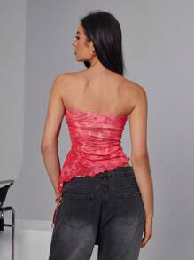 Roylia Drawstring Bandeau Faded Floral Print Sexy Vacation Women Top - Hot Pink - View 2