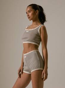 MUSERA Ribbed Contrast Cropped Tank Top Vacation Casual Airport Cute Jet Lagged Holiday Fall Back To School Autumn Elegant Spring Summer - Grey - View 2