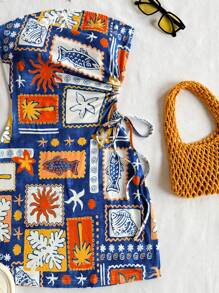 Soleia 镂空腰部抽绳紧身度假连衣裙，带有椰子树等热带岛屿元素，适合假期、约会、情人节、下午茶、春夏季 - 彩色 - 查看 6