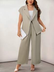 Firerie Große Größen Frühling/Sommer bequemer, legerer, eleganter Büro-/Pendler-Modernejacke mit Metallknöpfen mit Kurzarm und gerades Bein Anzug Hosen Set