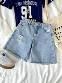 SHEIN 青少年女孩春夏 Y2K 休闲浅色水洗牛仔低腰破洞牛仔裤，带毛边下摆，女孩夏季海滩波西米亚风度假服装，夏季狂欢音乐会节日服装 - 淺色水洗藍 - 查看 1