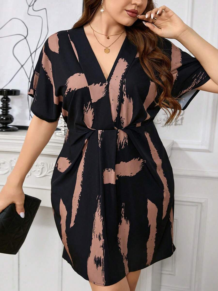 SHEIN Clasi Plus Size Summer Casual Color-Block Printed Batwing Sleeve Cinching Waist Dress - Black - View 1