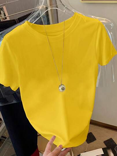 Airaco Women Solid Color Loose Fit Casual Crew Neck Short Sleeve T-Shirt