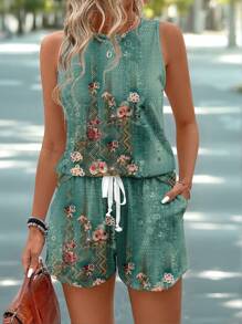 SHEIN LUNE Set de 2 piezas para mujer, top sin mangas con cuello redondo y estampado vintage, y chaleco de manga corta, adecuado para el verano