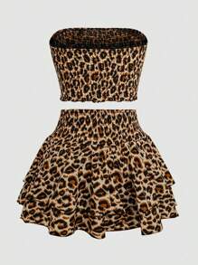 Sweetra Plus Size 2 Pieces Set Fashion Leopard Print Bandeau Top And Leopard Skirt - Multicolor - View 2