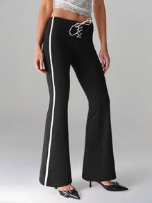 SHEIN Unity Quần ống loe bó sát co giãn nhiều màu, thắt dây, cạp thấp, thường ngày và thể thao dành cho nữ, mùa hè - Đen và trắng - Xem 4