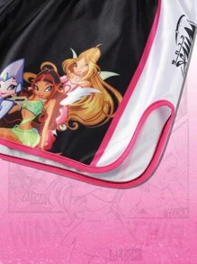 ROMWE MEN Winx Club X ROMWE Pantaloncini sportivi da uomo con grafica a cartoni animati, blocchi di colore e vita elastica, adatti per boxe/basket, per il ritorno a scuola