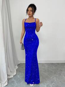Elenzga Vestido de diseño de tirantes finos y vendaje con brillos para mujer, para fiesta - azul real - Ver 5