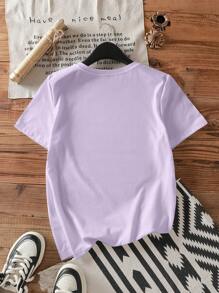 SHEIN EZwear 休闲修身泰迪熊图案圆领短袖女式 T 恤，适合夏季 - 紫色 - 查看 2