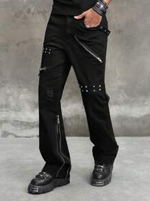 ROMWE MEN Street Life Men's Punk Cowboy Jeans With Eyelet Design And Pockets, Casual Flared - Black - View 12