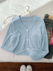 Comfortcana 女士秋冬休闲纯色灯笼袖薄款开衫 - 淺藍色 - 查看 1