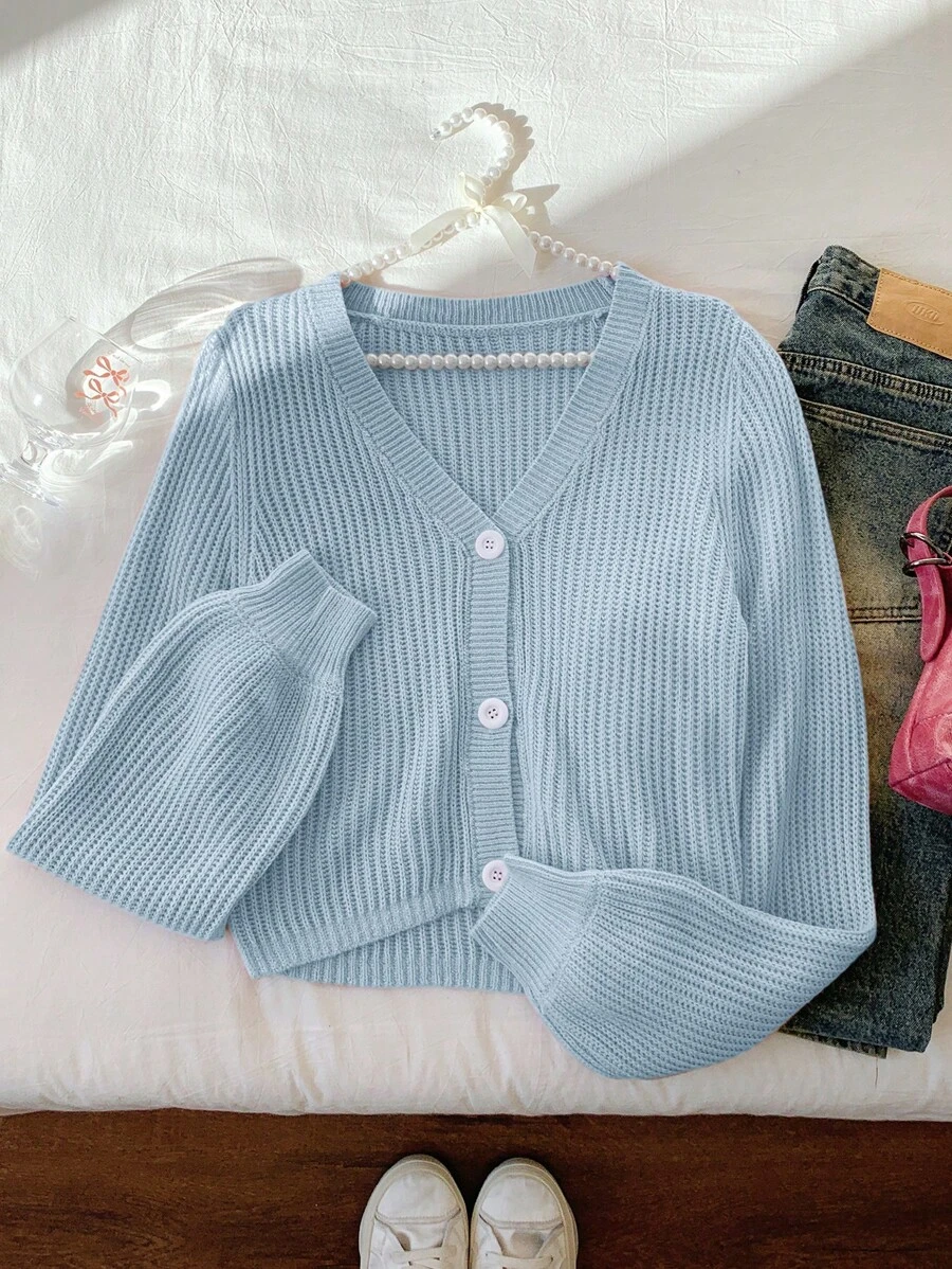 Comfortcana 女士秋冬休闲纯色灯笼袖薄款开衫 - 淺藍色 - 查看 1