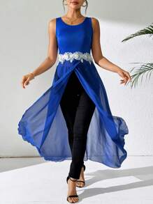 SHEIN Clasi Áo sát nách dáng dài thêu đắp cho nữ - Màu xanh lam - Xem 1